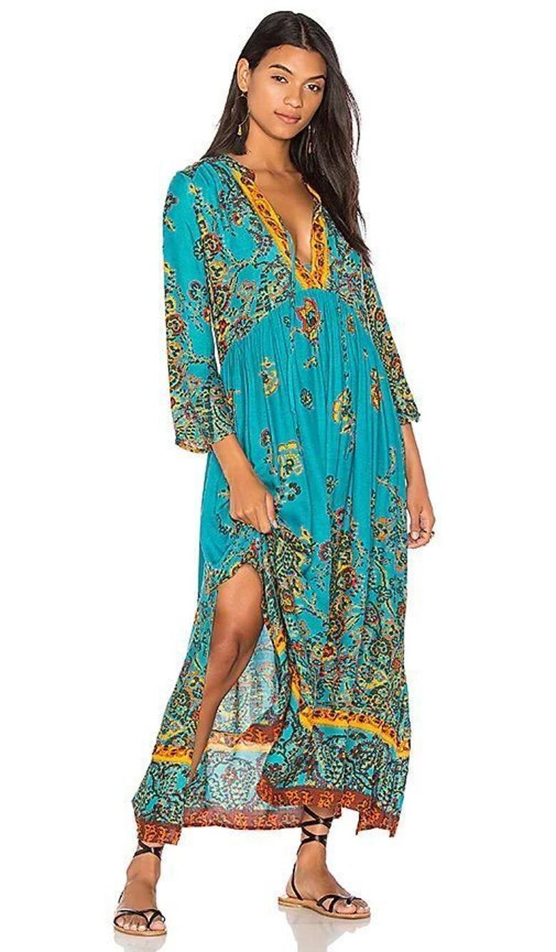 Free People If Only You Knew Teal Paisley Boho Maxi Dress S